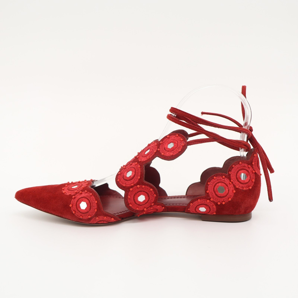 Tory Burch Sz 6M Suede Yasmin D'Orsay Point Toe Flat Red Embroidery Beads - Picture 5 of 11
